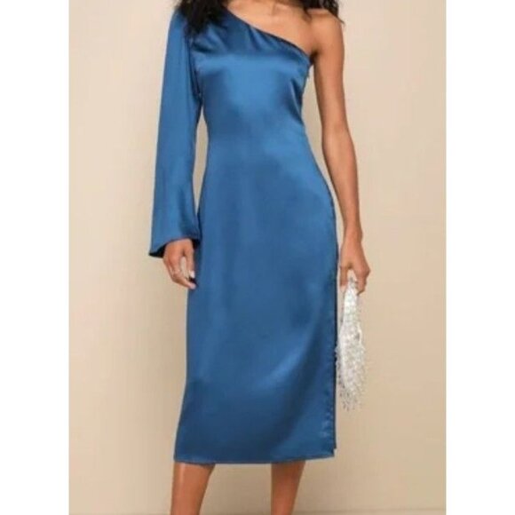 Lulus Womens L Blue One Sleeve Satin Midi Evening Dress NWT - Picture 1 of 13